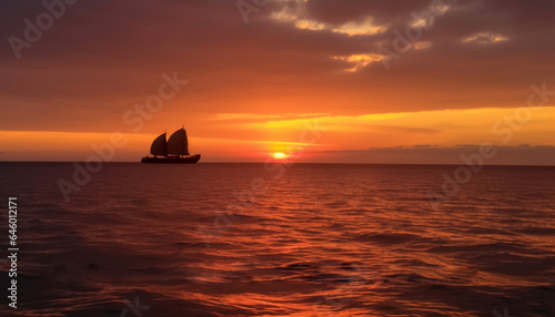 Sailing ship silhouette on tranquil blue horizon over water generated by AI