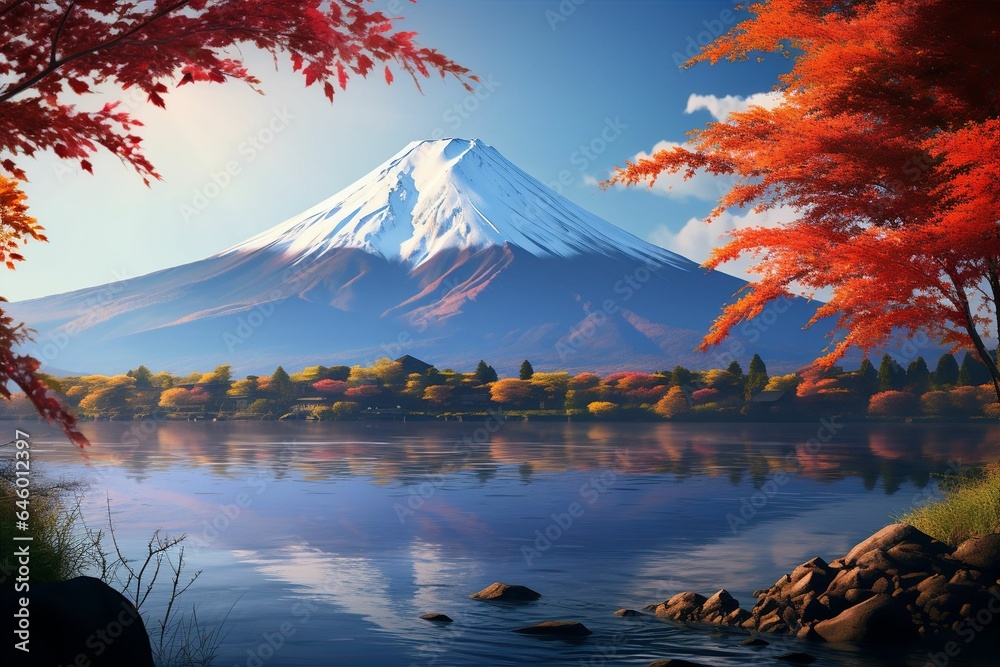 Fototapeta premium 富士山が見える日本の風景（春・秋・冬・夕焼け・夜景）