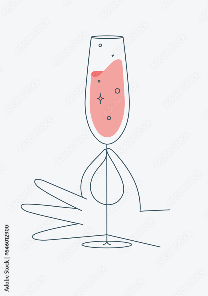 Hand holding glass of champagne drawing in flat line style