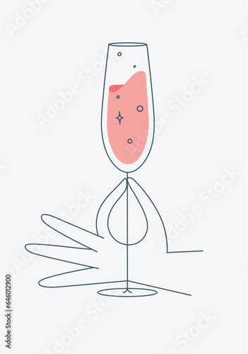Obraz na płótnie Hand holding glass of champagne drawing in flat line style w salonie