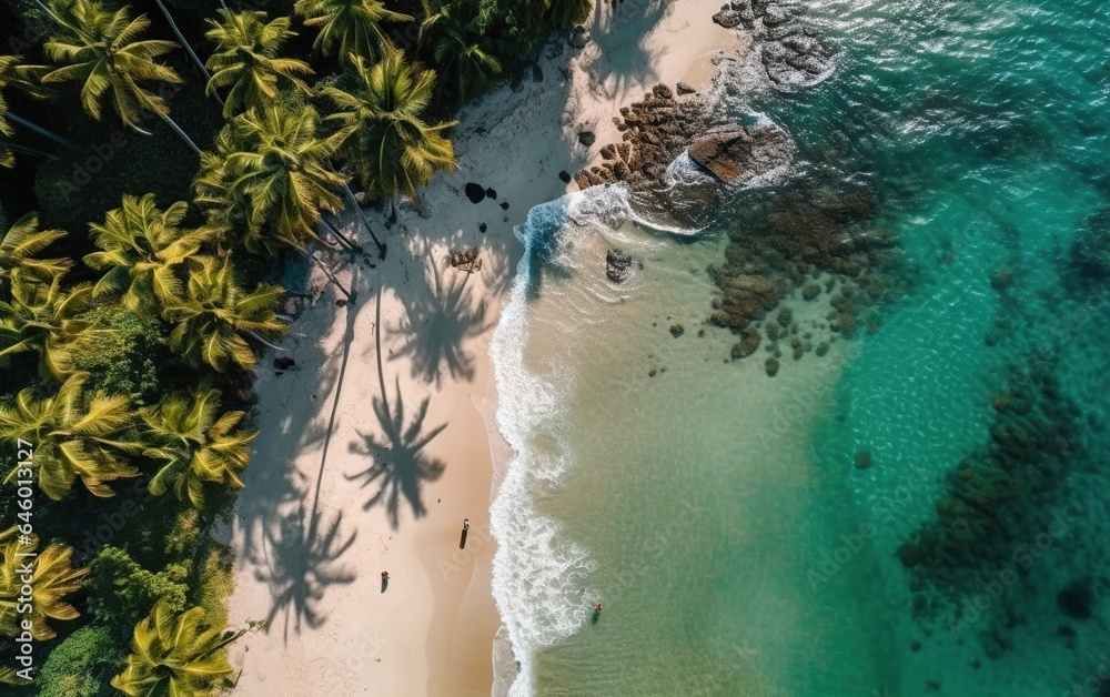 Drone top view of sea beach with palm tree  blue  sea water 