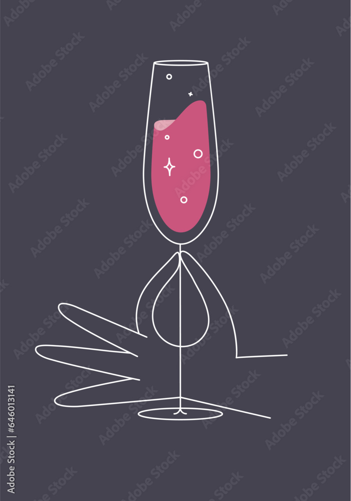 Hand holding glass of champagne drawing in flat line style on dark blue background