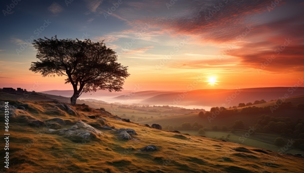 Photo of a solitary tree silhouetted against a vibrant sunset on a peaceful hill Photo of a solitary tree silhouetted against a vibrant sunset on a peaceful hill