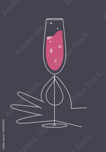 Hand holding glass of champagne drawing in flat line style on dark blue background