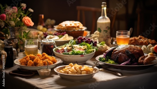 Photo of a table filled with a delicious assortment of food and drinks