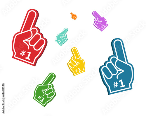 Foam fan finger hand with number one. Fan arm gloves with finger up, support for the team in the sports championship.