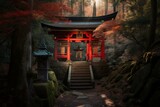 Entrance, Japanese shrine, forest, surrounding trees, red leaves, cool light. Generative AI
