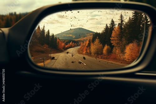 scenic landscape in rearview mirror. Generative AI