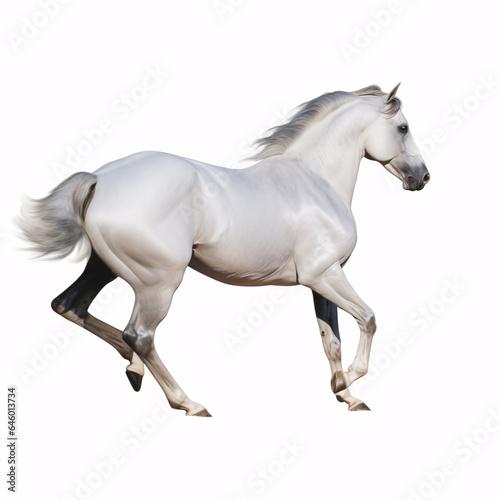 An elegant white horse, its beauty accentuated, isolated against a pure white background.