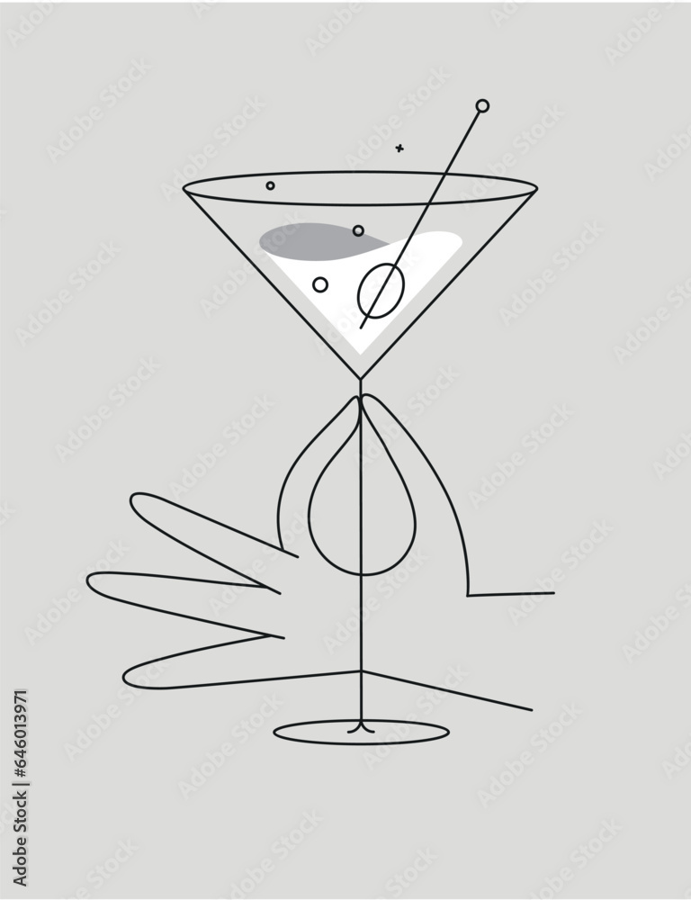 Hand holding glass of cosmopolitan cocktail drawing in flat line style on grey background
