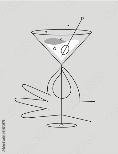 Obraz na płótnie Hand holding glass of cosmopolitan cocktail drawing in flat line style on grey background w salonie