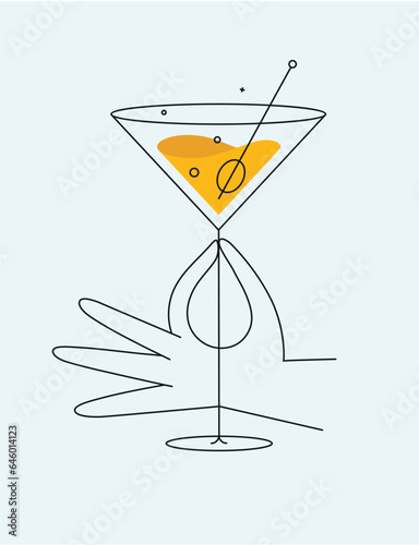 Hand holding glass of cosmopolitan cocktail drawing in flat line style on light background