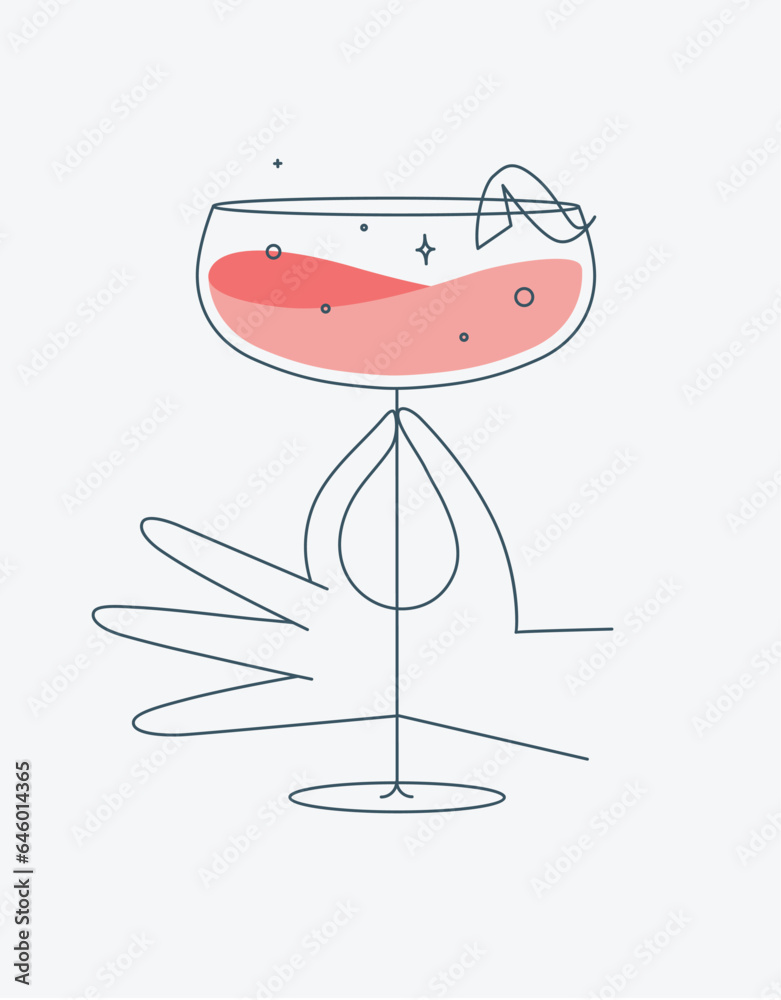 Hand holding glass of daiquiri cocktail drawing in flat line style