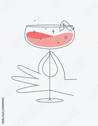 Hand holding glass of daiquiri cocktail drawing in flat line style