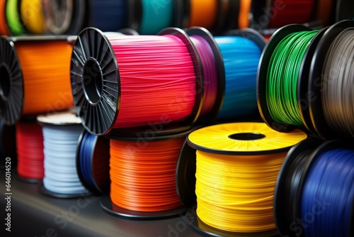 Various colorful spools of 3D printer filaments and ABS wire for printing. Generative AI