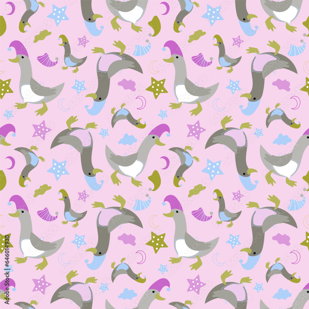Vector seamless pattern with funny geese in nightcaps, stars, clouds and the moon. Animal character cute child background Vector seamless pattern with funny geese in nightcaps, stars, clouds and the moon. Animal character cute child background
