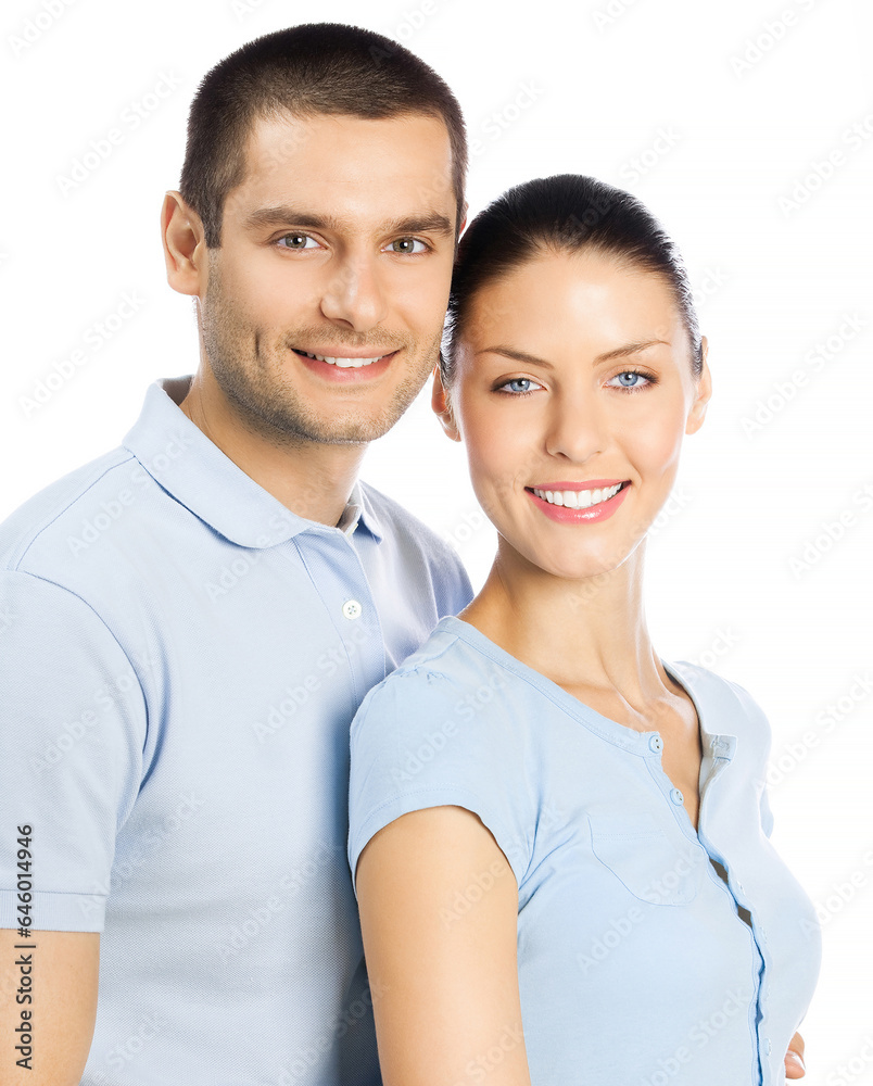 Love, relationship, lovers, romantic concept - cheerful couple standing close to each other and looking at camera with smile. Studio portrait photo of young man and woman, isolated on white background Love, relationship, lovers, romantic concept - cheerful couple standing close to each other and looking at camera with smile. Studio portrait photo of young man and woman, isolated on white background