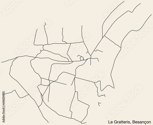 Detailed hand-drawn navigational urban street roads map of the LE GRATTERIS COMMUNE of the French city of BESANCON, France with vivid road lines and name tag on solid background