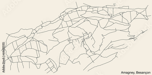 Detailed hand-drawn navigational urban street roads map of the AMAGNEY COMMUNE of the French city of BESANCON, France with vivid road lines and name tag on solid background