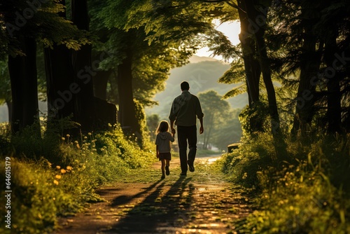 Father and daughter walking in the park at sunset. Happy family concept. © tanatat