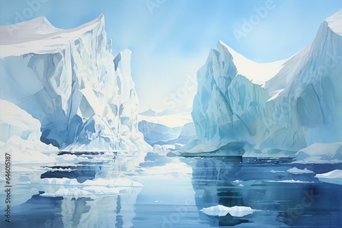Arctic iceberg; hidden danger; drifting ice; underwater view; watercolor illustration. Generative AI