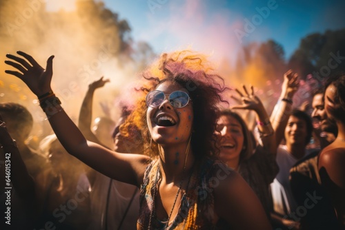 Portrait of a happy young woman dancing at a music festival and having fun
