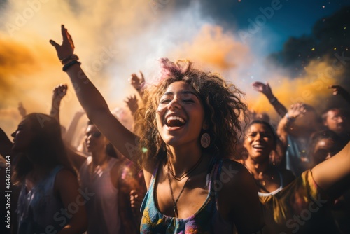 Portrait of a happy young woman dancing at a music festival and having fun