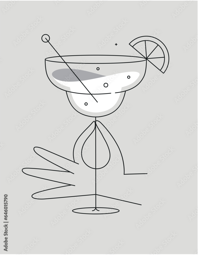 Hand holding glass of margarita cocktail drawing in flat line style on grey background