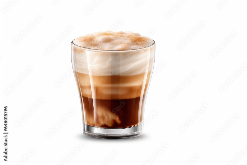 A glass of cappuccino with a generous layer of foamy milk on a white background. A glass of cappuccino with a generous layer of foamy milk on a white background.