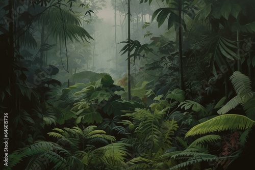 An atmospheric painting of a jungle with vibrant green foliage  towering trees  and a solitary leaf  against a dramatic dark sky. Generative AI