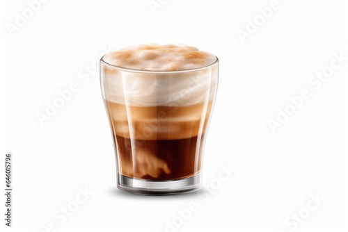 A glass of cappuccino with a generous layer of foamy milk on a white background.
