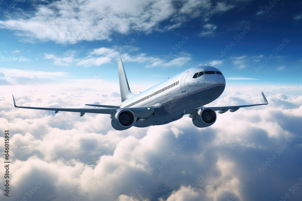Fototapeta premium A passenger jet flying through a clear blue sky with white fluffy clouds.