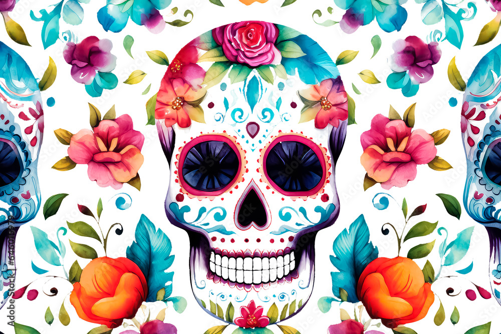 Colorful skulls with flowers during the Day of dead in Mexico on a white background