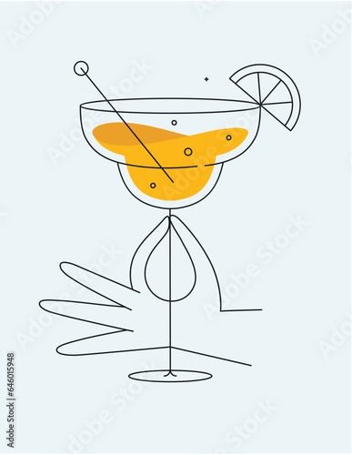 Hand holding glass of margarita cocktail drawing in flat line style on light background