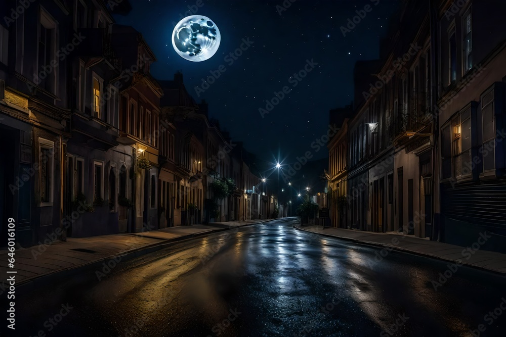 A midnight street scene, illuminated by a full moon and a star-filled sky - AI Generative