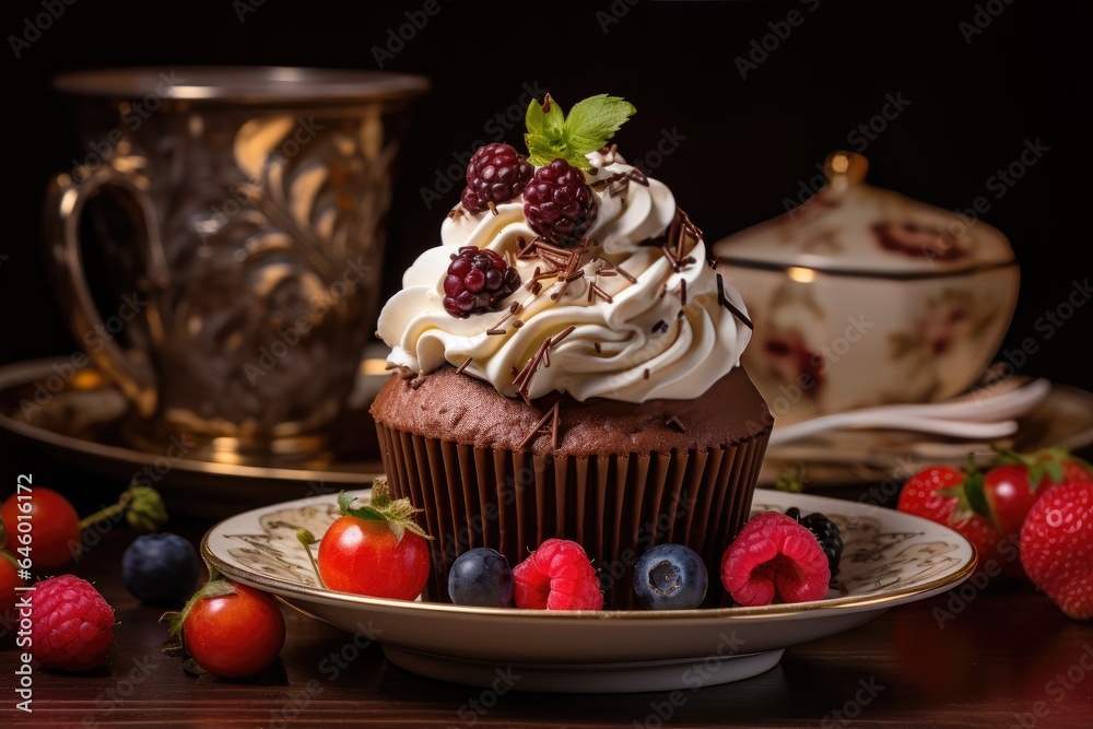 A chocolate cupcake adorned with berries and chocolate shavings.