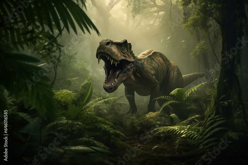 Incredible portrayal of a ferocious T. rex viciously hunting in a dense prehistoric jungle. Generative AI