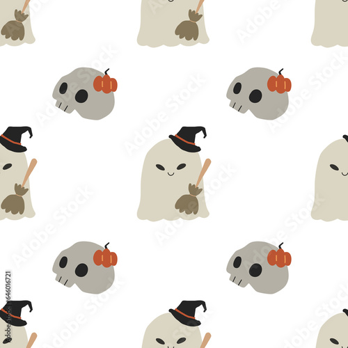 Halloween orange festive seamless pattern. Endless background with cute kawaii pumpkins skull spooky ghost. Perfect for wallpaper, fabric design, wrapping paper, surface textures, digital paper. © Pattaranun