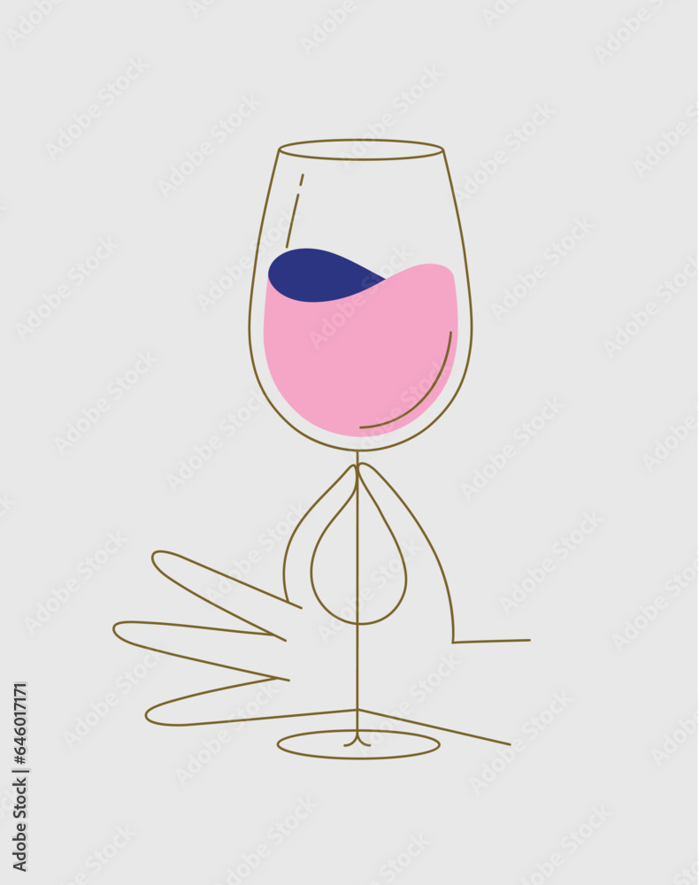 Hand holding glass of wine drawing in flat line style drawing on beige background