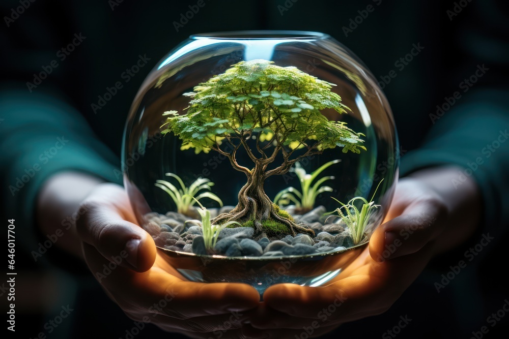 Small tree in a glass florarium in the hands of a man