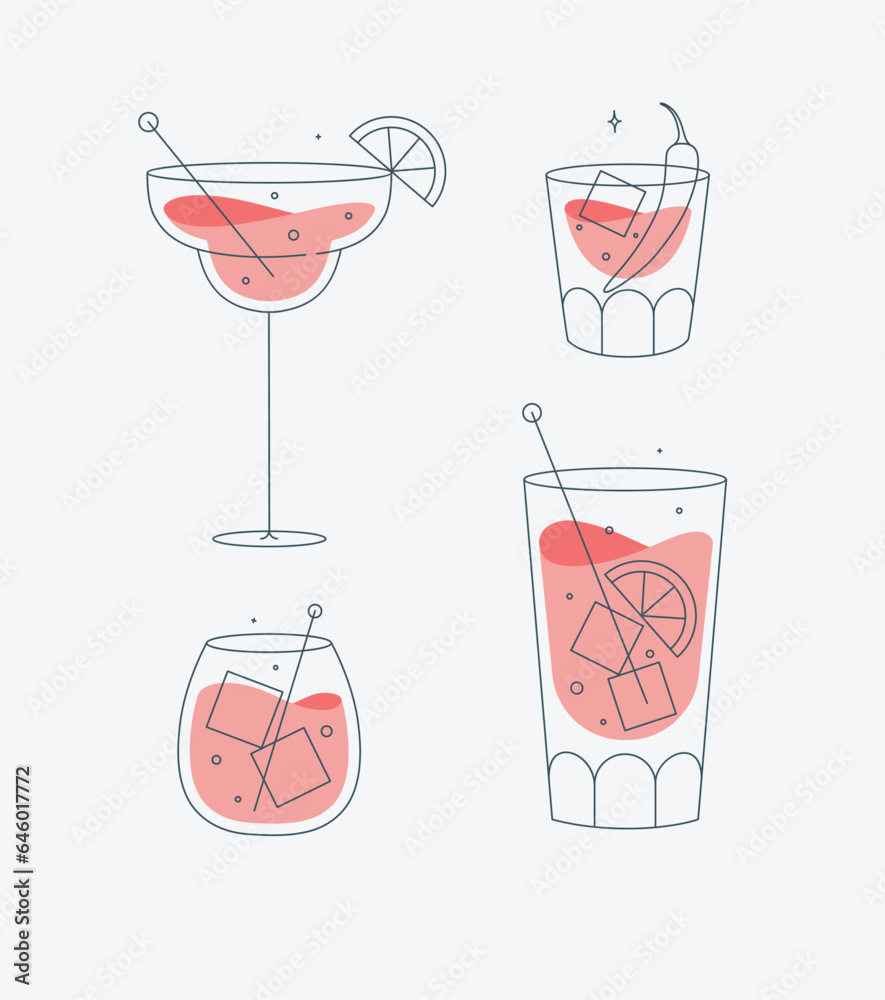 Cocktail glasses margarita whiskey long island old fashioned drawing in flat line style