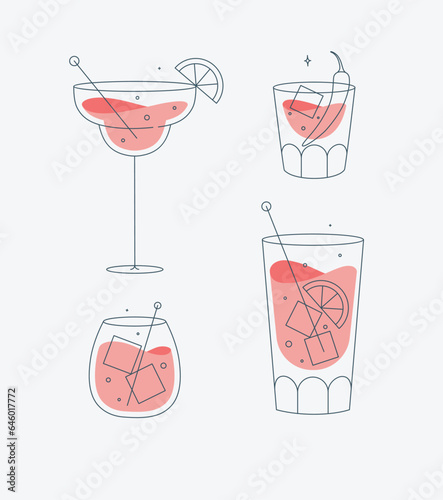 Obraz na płótnie Cocktail glasses margarita whiskey long island old fashioned drawing in flat line style w salonie