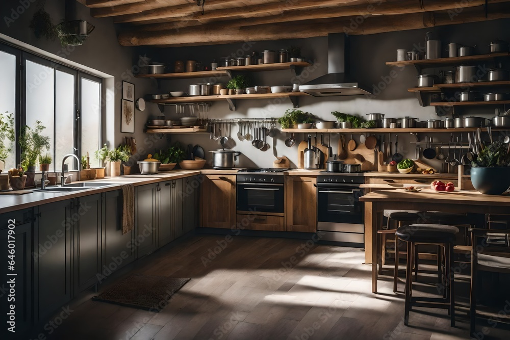 A TIDY KITCHEN WITH LOTS OF FOOD AND FURNITURE - AI Generative