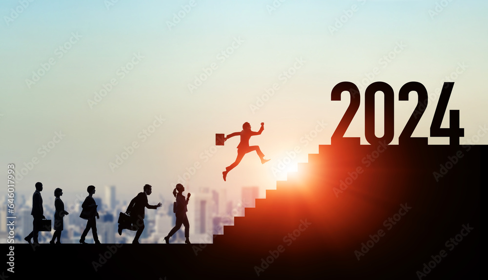 Group of multinational people running up the stairs from 2023 to 2024. 2024 New Year concept. New year's card 2024. Group of multinational people running up the stairs from 2023 to 2024. 2024 New Year concept. New year's card 2024.