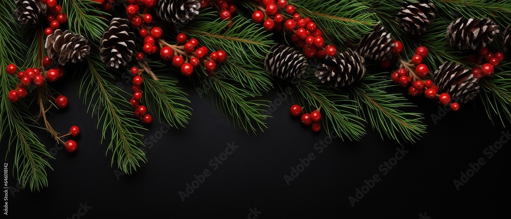 Christmas Mockup banner with fir, conifer branches, cones, red berries, decorations on black textured background. Top view. Flat lay. New Year Holidays background. Generative ai Christmas Mockup banner with fir, conifer branches, cones, red berries, decorations on black textured background. Top view. Flat lay. New Year Holidays background. Generative ai