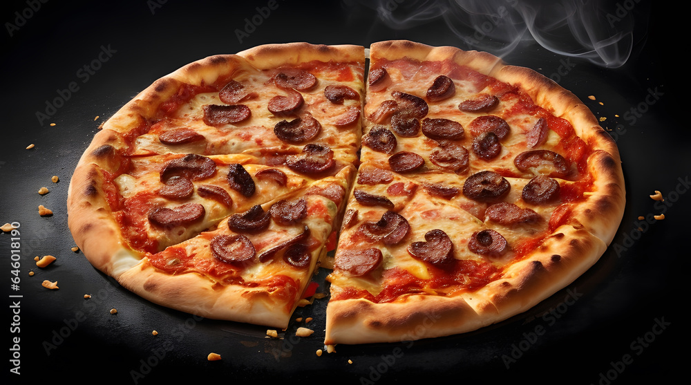 Delicious Chicken Pizza with smoke on black texture background Delicious Chicken Pizza with smoke on black texture background