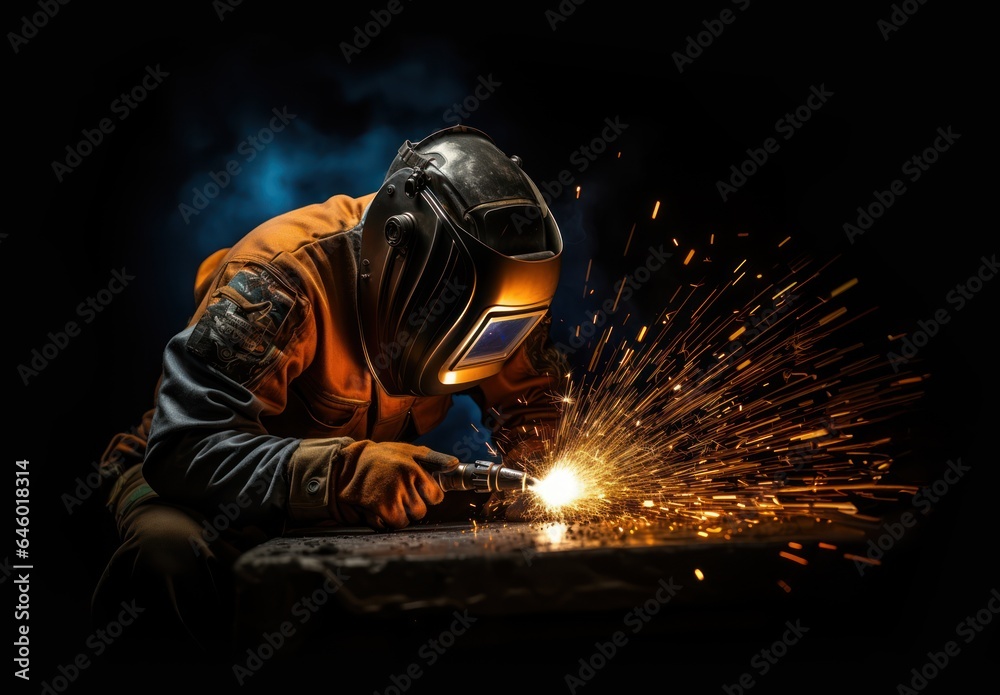 Welder with protective mask welding metal with sparks on dark background. Welder with protective mask welding metal with sparks on dark background.