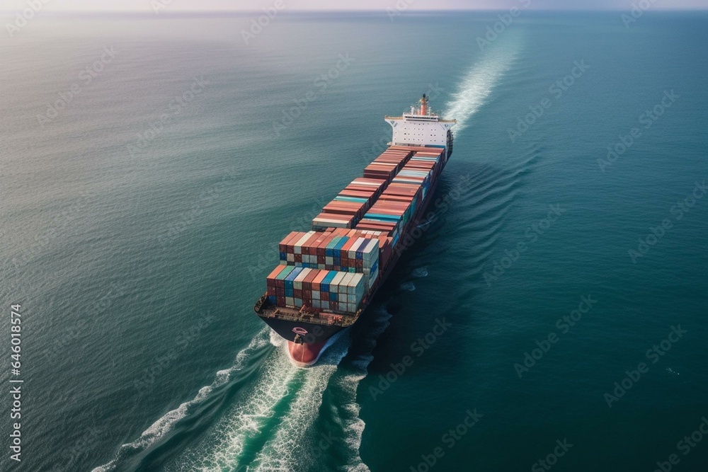 Overhead perspective of a container ship sailing on the sea. Generative AI