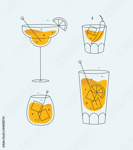 Obraz na płótnie Cocktail glasses margarita whiskey long island old fashioned drawing in flat line style on light background w salonie