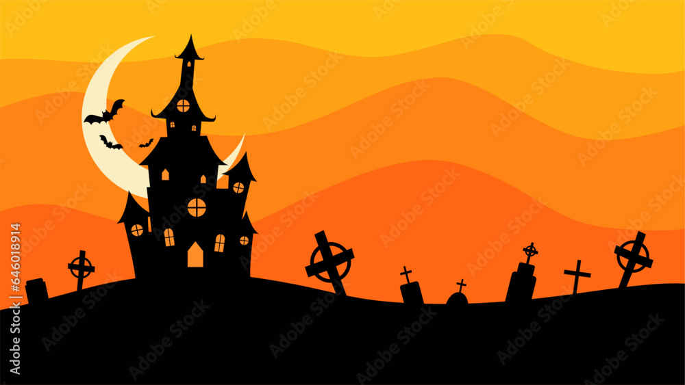 Halloween Castle flat design vector illustration. Halloween banner with silhouette of scary castle on orange background with full Moon. Illustration for holiday cards, invitations, banners